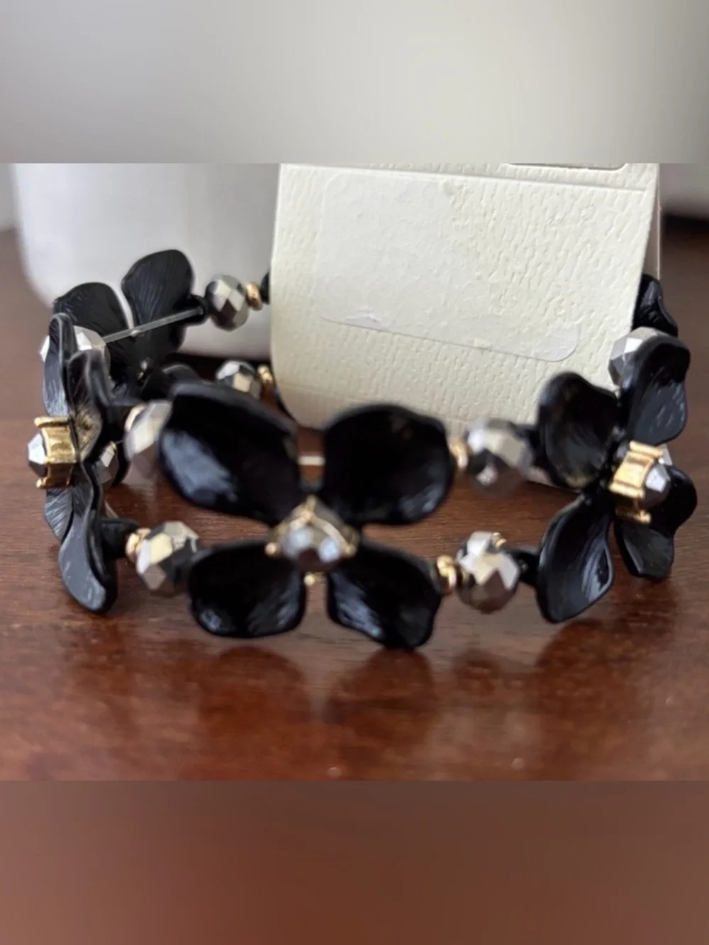 Carol D Studio Black Acrylic Flowers,beveled gray rhinestones & beads,stretch